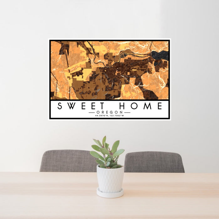 24x36 Sweet Home Oregon Map Print Lanscape Orientation in Ember Style Behind 2 Chairs Table and Potted Plant