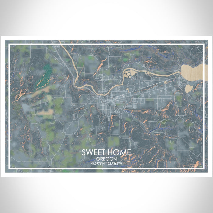 Sweet Home Oregon Map Print Landscape Orientation in Afternoon Style With Shaded Background