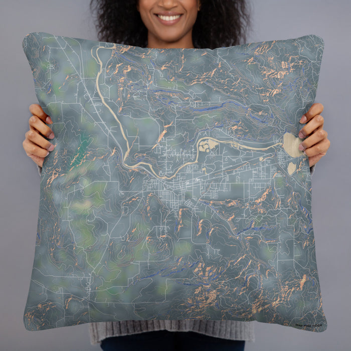 Person holding 22x22 Custom Sweet Home Oregon Map Throw Pillow in Afternoon