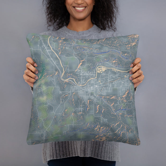 Person holding 18x18 Custom Sweet Home Oregon Map Throw Pillow in Afternoon