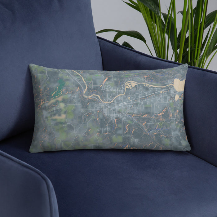Custom Sweet Home Oregon Map Throw Pillow in Afternoon on Blue Colored Chair
