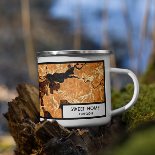 Right View Custom Sweet Home Oregon Map Enamel Mug in Ember on Grass With Trees in Background