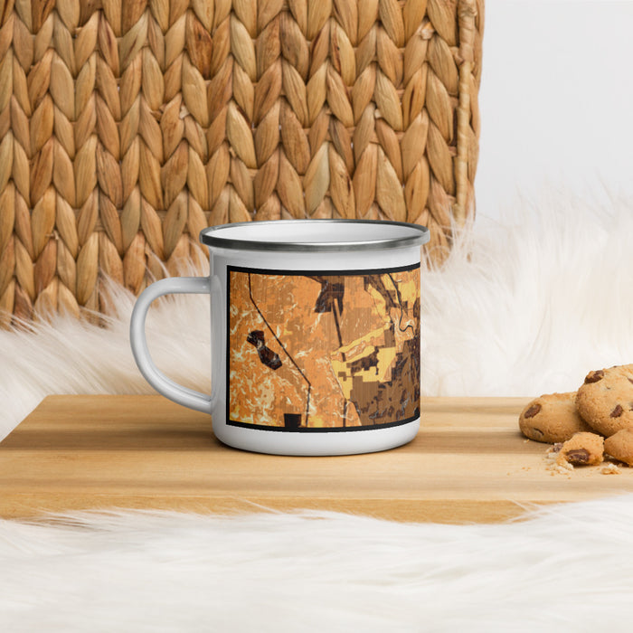 Left View Custom Sweet Home Oregon Map Enamel Mug in Ember on Table Top