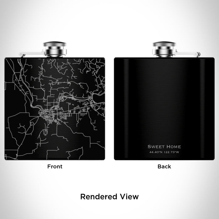 Rendered View of Sweet Home Oregon Map Engraving on 6oz Stainless Steel Flask in Black