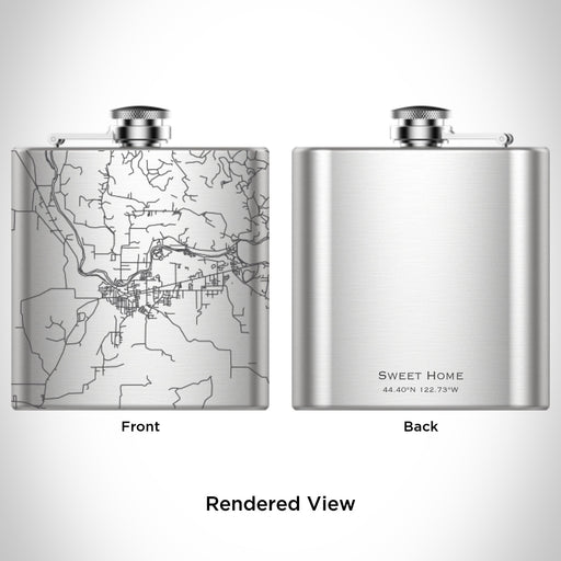 Rendered View of Sweet Home Oregon Map Engraving on 6oz Stainless Steel Flask