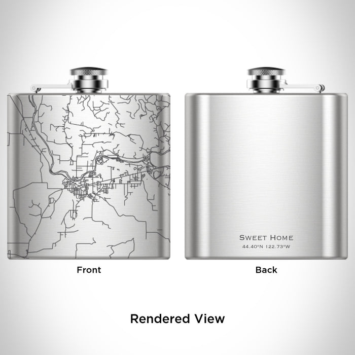 Rendered View of Sweet Home Oregon Map Engraving on 6oz Stainless Steel Flask