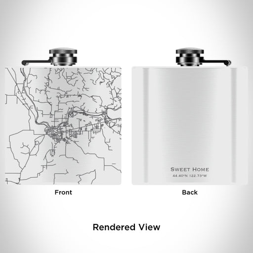 Rendered View of Sweet Home Oregon Map Engraving on 6oz Stainless Steel Flask in White