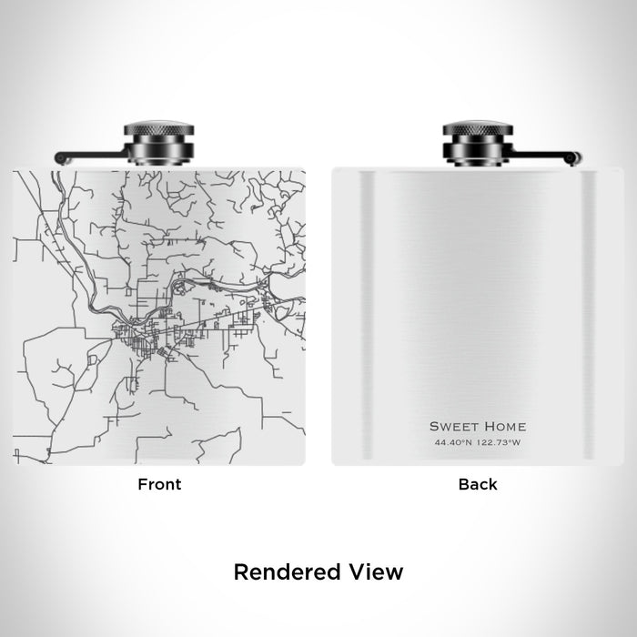 Rendered View of Sweet Home Oregon Map Engraving on 6oz Stainless Steel Flask in White