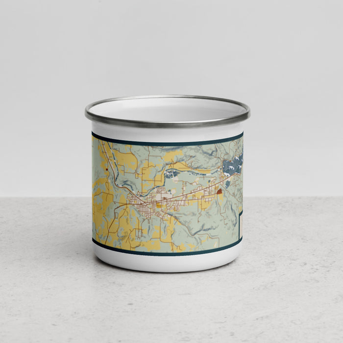 Front View Custom Sweet Home Oregon Map Enamel Mug in Woodblock