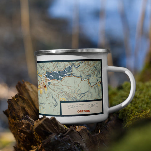 Right View Custom Sweet Home Oregon Map Enamel Mug in Woodblock on Grass With Trees in Background