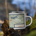 Right View Custom Sweet Home Oregon Map Enamel Mug in Woodblock on Grass With Trees in Background