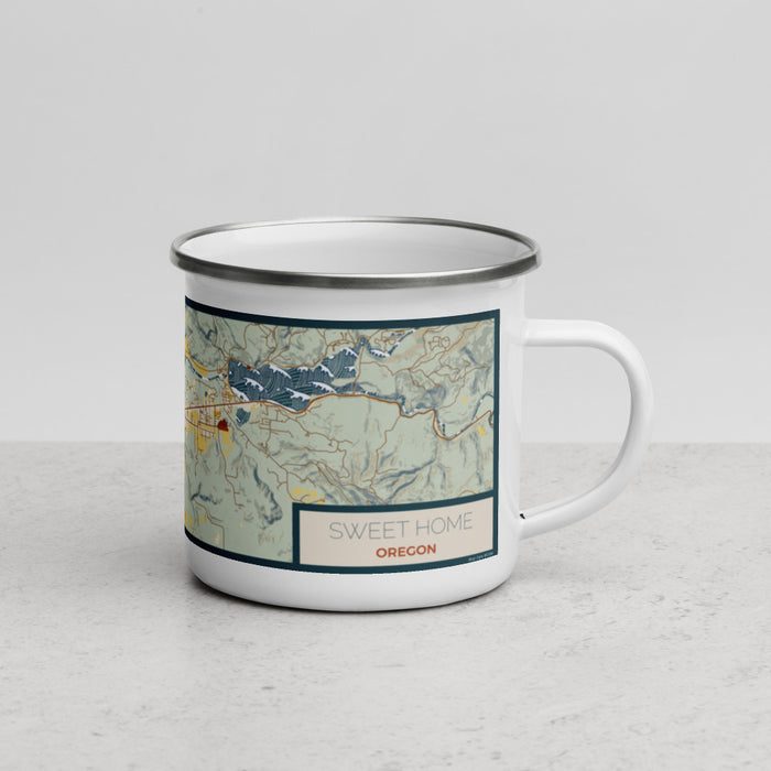 Right View Custom Sweet Home Oregon Map Enamel Mug in Woodblock