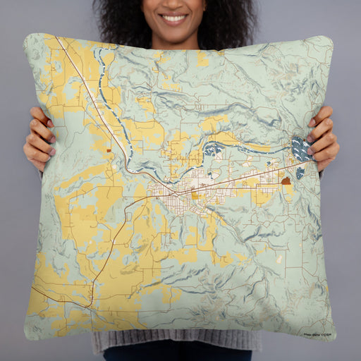 Person holding 22x22 Custom Sweet Home Oregon Map Throw Pillow in Woodblock
