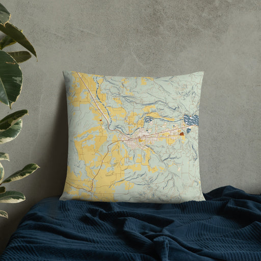 Custom Sweet Home Oregon Map Throw Pillow in Woodblock on Bedding Against Wall