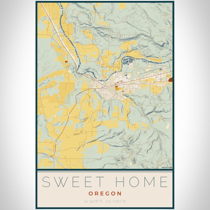 Sweet Home Oregon Map Print Portrait Orientation in Woodblock Style With Shaded Background