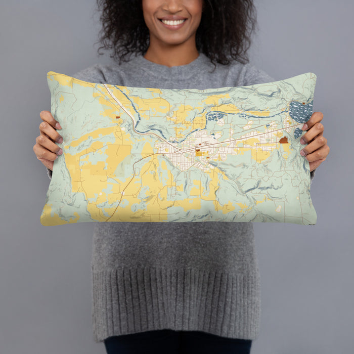 Person holding 20x12 Custom Sweet Home Oregon Map Throw Pillow in Woodblock