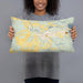 Person holding 20x12 Custom Sweet Home Oregon Map Throw Pillow in Woodblock