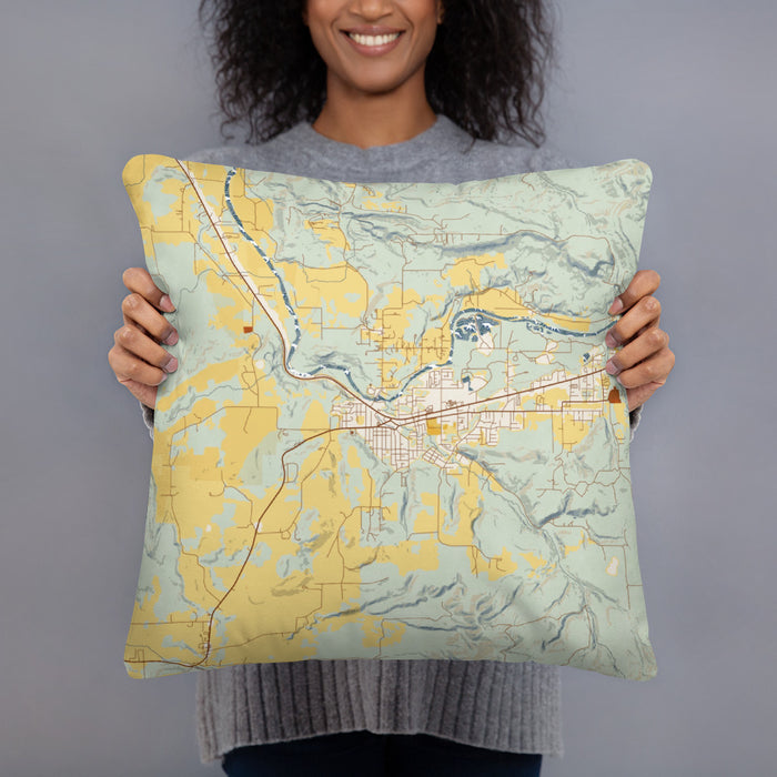 Person holding 18x18 Custom Sweet Home Oregon Map Throw Pillow in Woodblock