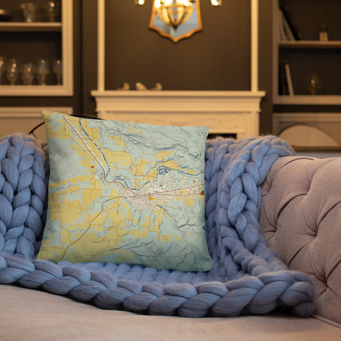 Custom Sweet Home Oregon Map Throw Pillow in Woodblock on Cream Colored Couch