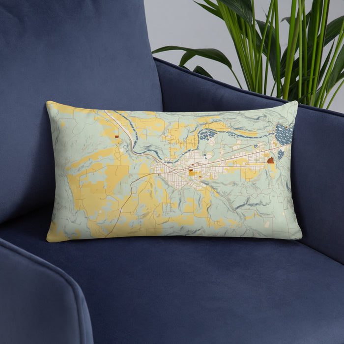 Custom Sweet Home Oregon Map Throw Pillow in Woodblock on Blue Colored Chair