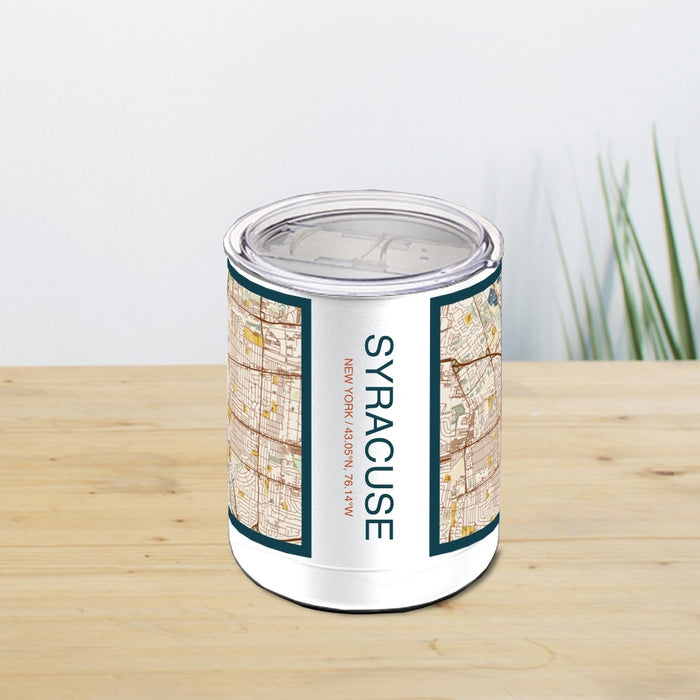 Syracuse New York Custom City Map Inscription Coordinates on 10oz Stainless Steel Insulated Cup in Woodblock with Sliding Lid