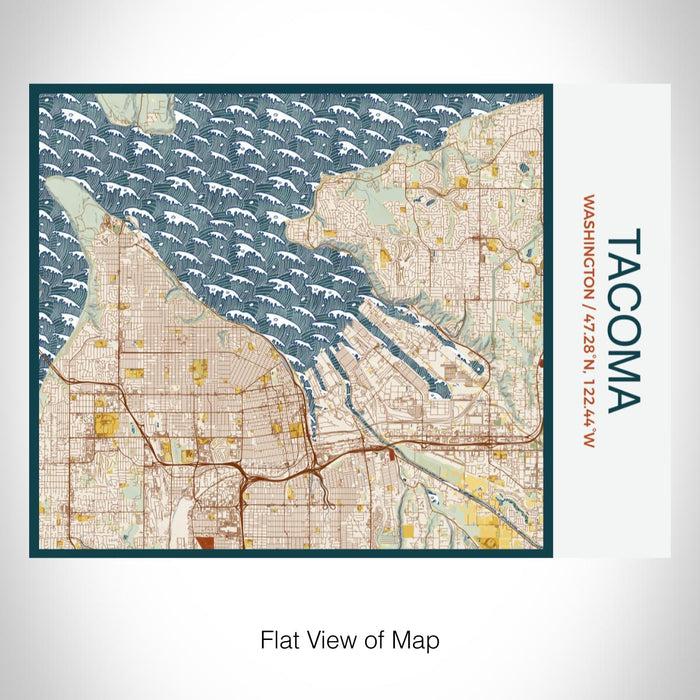 Rendered View of Tacoma Washington Map on 20oz Stainless Steel Insulated Bottle with Bamboo Top with printed woodblock style map