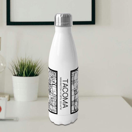 Tacoma Washington Custom City Map Inscription Coordinates on 17oz Stainless Steel Insulated Cola Bottle in Stainless in Matte White