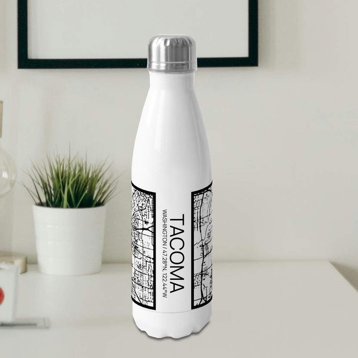 Tacoma Washington Custom City Map Inscription Coordinates on 17oz Stainless Steel Insulated Cola Bottle in Stainless in Matte White