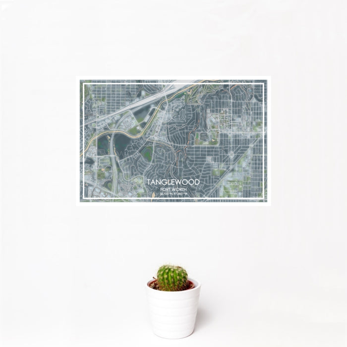 12x18 Tanglewood Fort Worth Map Print Landscape Orientation in Afternoon Style With Small Cactus Plant in White Planter