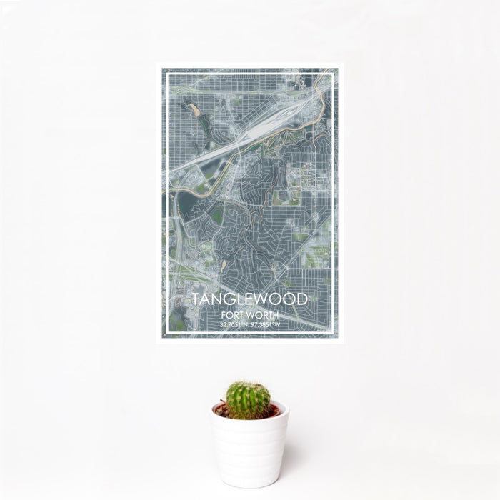 12x18 Tanglewood Fort Worth Map Print Portrait Orientation in Afternoon Style With Small Cactus Plant in White Planter