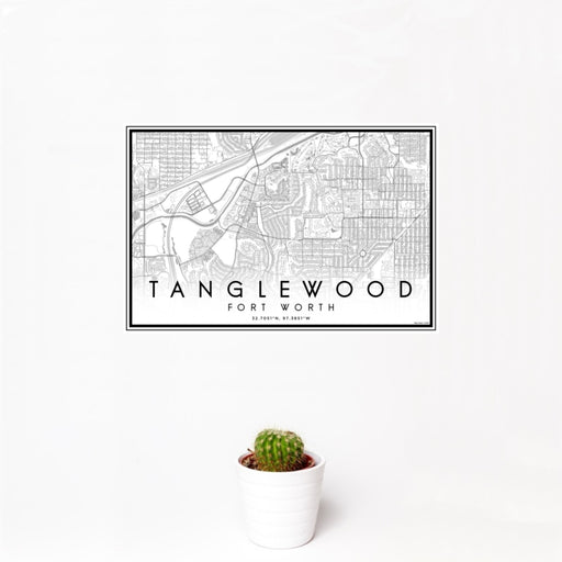 12x18 Tanglewood Fort Worth Map Print Landscape Orientation in Classic Style With Small Cactus Plant in White Planter
