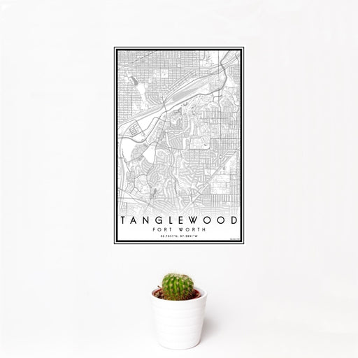 12x18 Tanglewood Fort Worth Map Print Portrait Orientation in Classic Style With Small Cactus Plant in White Planter