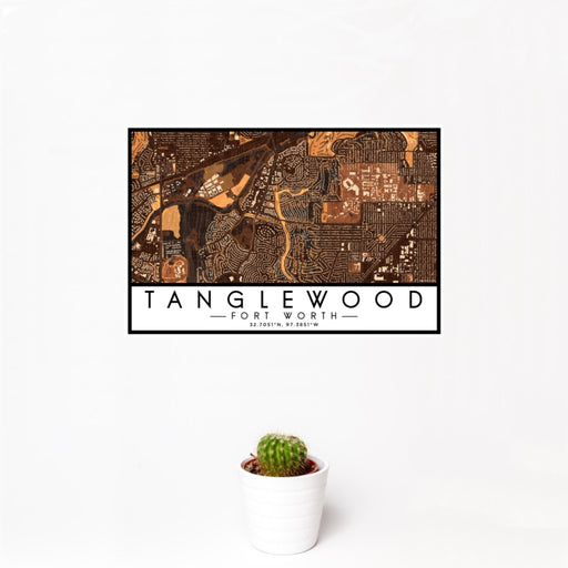 12x18 Tanglewood Fort Worth Map Print Landscape Orientation in Ember Style With Small Cactus Plant in White Planter