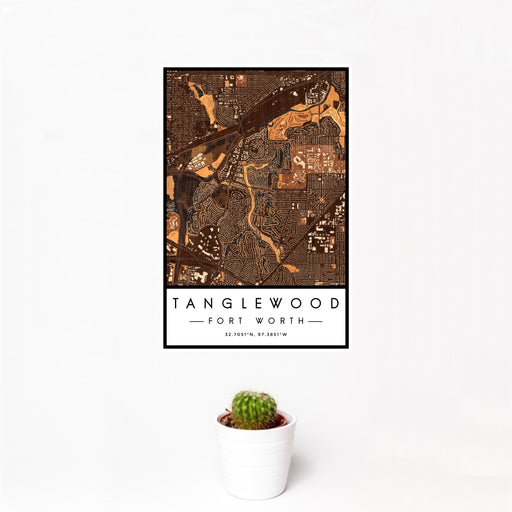 12x18 Tanglewood Fort Worth Map Print Portrait Orientation in Ember Style With Small Cactus Plant in White Planter