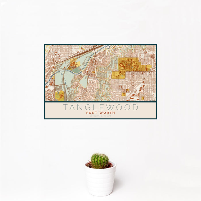 12x18 Tanglewood Fort Worth Map Print Landscape Orientation in Woodblock Style With Small Cactus Plant in White Planter