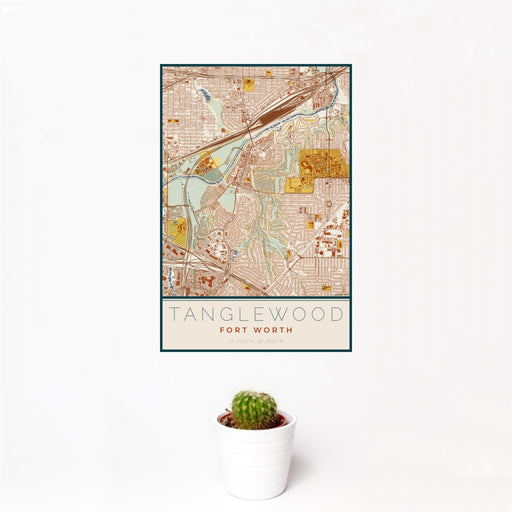 12x18 Tanglewood Fort Worth Map Print Portrait Orientation in Woodblock Style With Small Cactus Plant in White Planter
