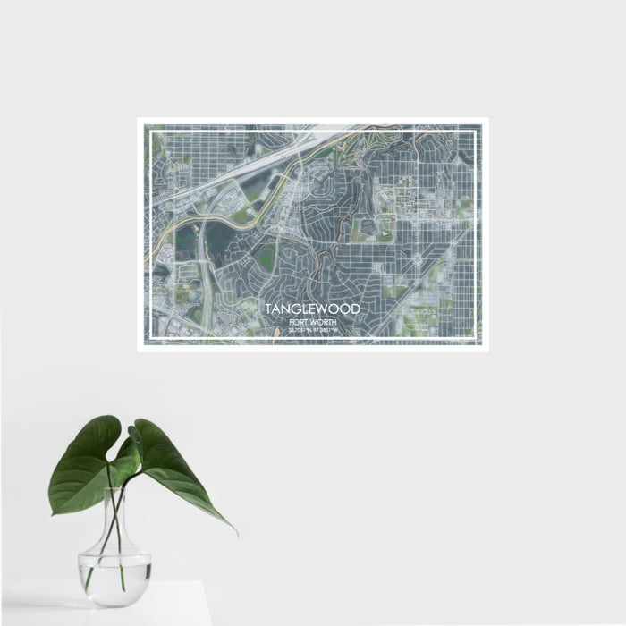 16x24 Tanglewood Fort Worth Map Print Landscape Orientation in Afternoon Style With Tropical Plant Leaves in Water