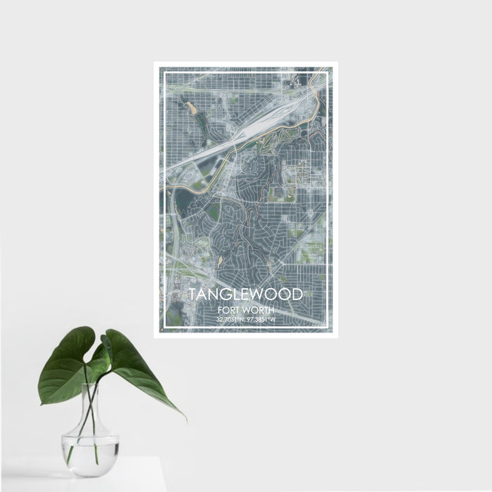 16x24 Tanglewood Fort Worth Map Print Portrait Orientation in Afternoon Style With Tropical Plant Leaves in Water