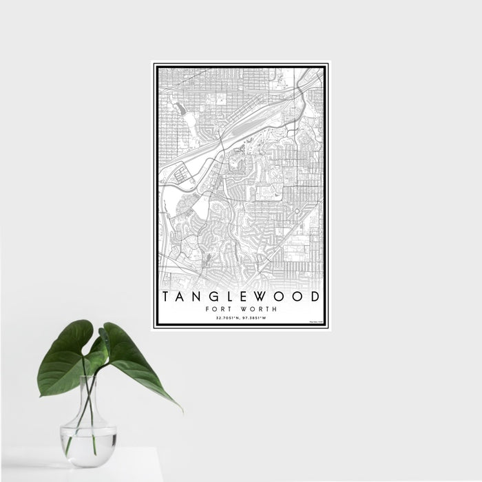 16x24 Tanglewood Fort Worth Map Print Portrait Orientation in Classic Style With Tropical Plant Leaves in Water