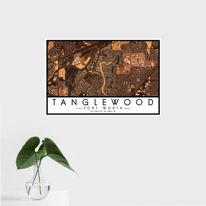 16x24 Tanglewood Fort Worth Map Print Landscape Orientation in Ember Style With Tropical Plant Leaves in Water
