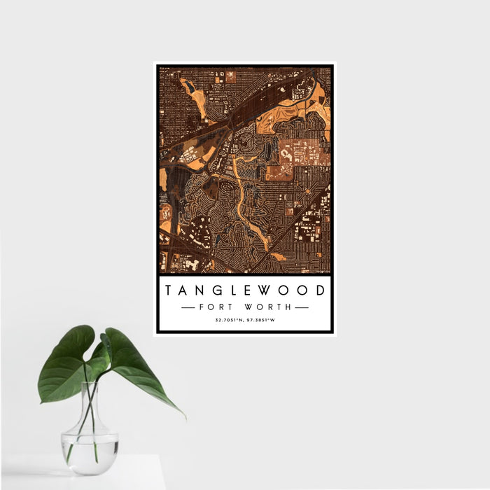 16x24 Tanglewood Fort Worth Map Print Portrait Orientation in Ember Style With Tropical Plant Leaves in Water