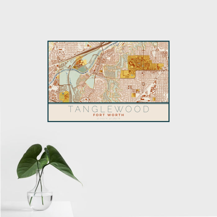 16x24 Tanglewood Fort Worth Map Print Landscape Orientation in Woodblock Style With Tropical Plant Leaves in Water