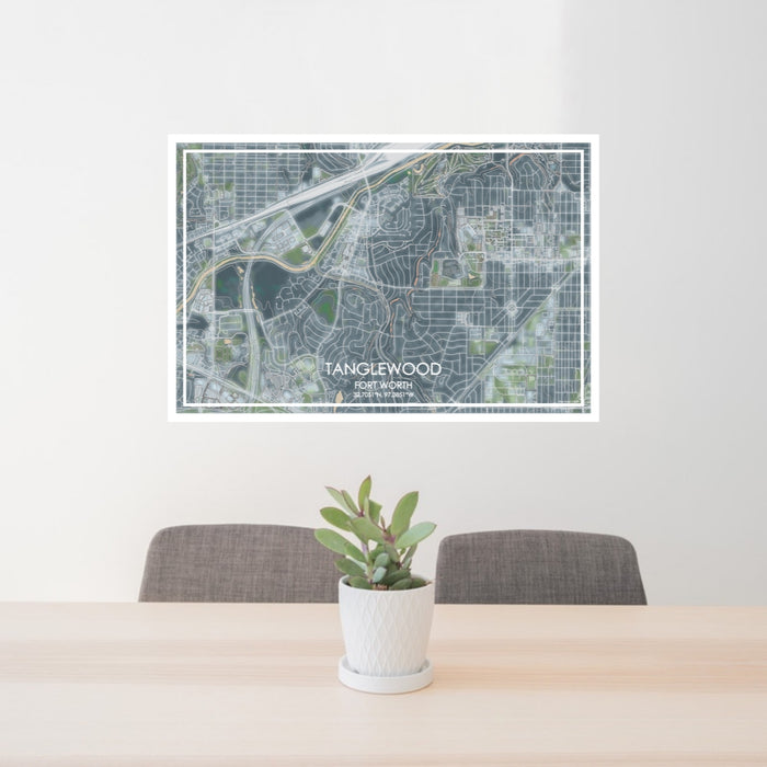 24x36 Tanglewood Fort Worth Map Print Lanscape Orientation in Afternoon Style Behind 2 Chairs Table and Potted Plant