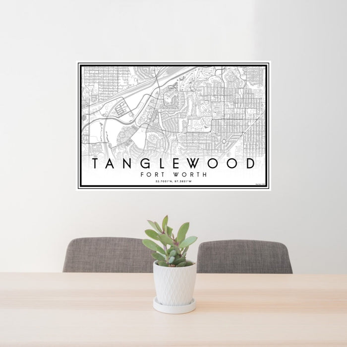 24x36 Tanglewood Fort Worth Map Print Lanscape Orientation in Classic Style Behind 2 Chairs Table and Potted Plant