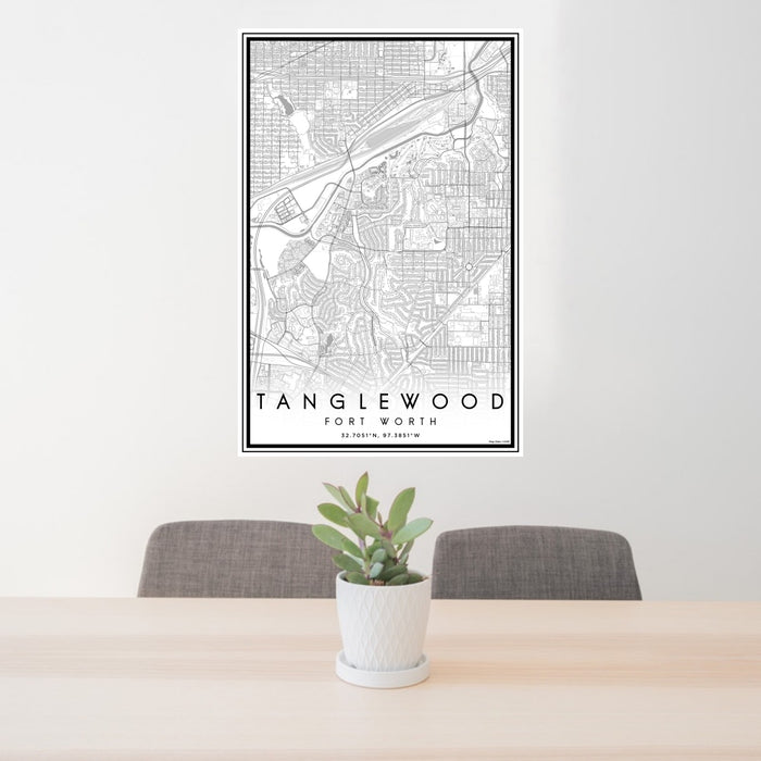 24x36 Tanglewood Fort Worth Map Print Portrait Orientation in Classic Style Behind 2 Chairs Table and Potted Plant