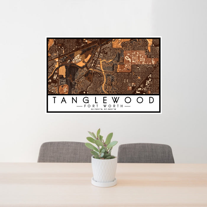 24x36 Tanglewood Fort Worth Map Print Lanscape Orientation in Ember Style Behind 2 Chairs Table and Potted Plant