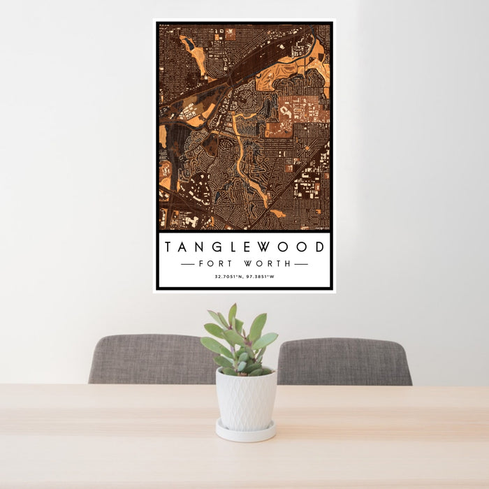 24x36 Tanglewood Fort Worth Map Print Portrait Orientation in Ember Style Behind 2 Chairs Table and Potted Plant