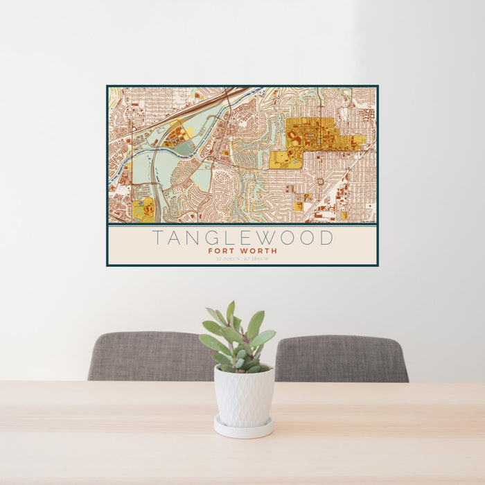 24x36 Tanglewood Fort Worth Map Print Lanscape Orientation in Woodblock Style Behind 2 Chairs Table and Potted Plant