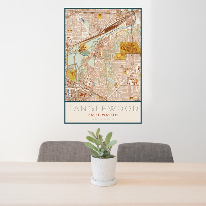 24x36 Tanglewood Fort Worth Map Print Portrait Orientation in Woodblock Style Behind 2 Chairs Table and Potted Plant