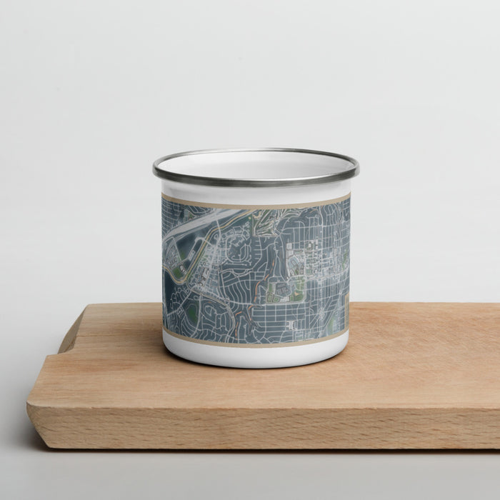 Front View Custom Tanglewood Fort Worth Map Enamel Mug in Afternoon on Cutting Board